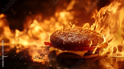 Juicy burger sizzling with vibrant fire flames on dark background