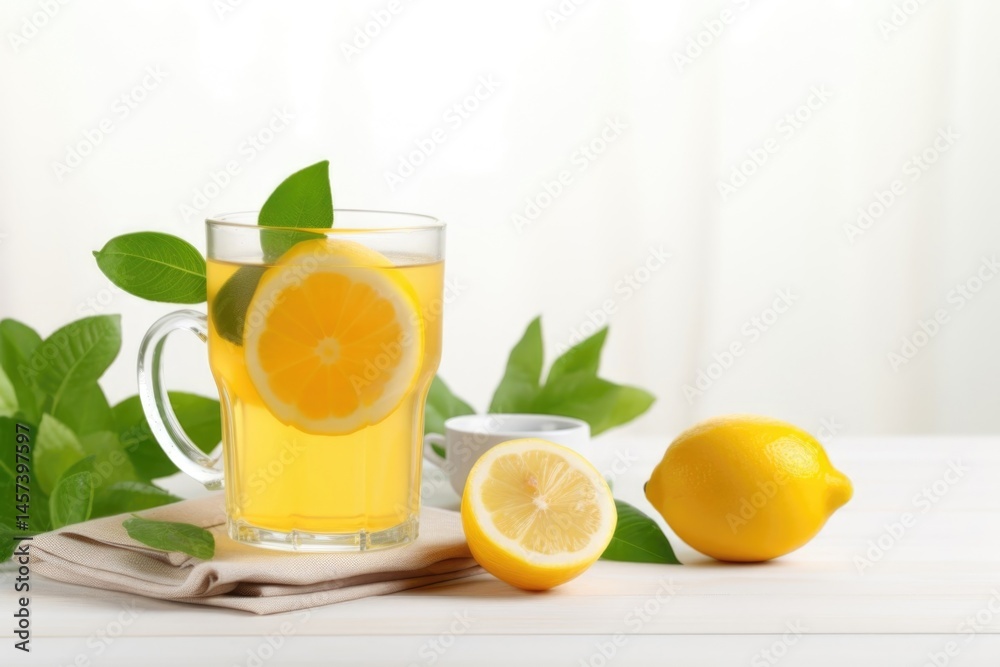 Fototapeta premium tea in cup with leaf mint and lemon isolated on white background