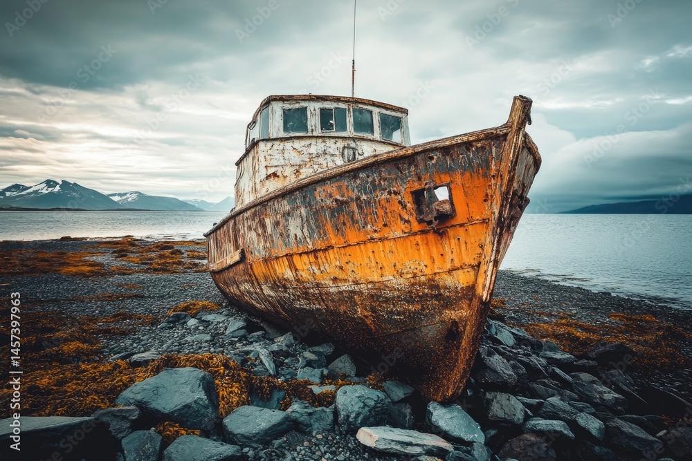 Rust-eaten vessel, beached on a rocky shore. Gray-and-white overcast sky over a calm body of water. Mountains visible in the background Rust-eaten vessel, beached on a rocky shore. Gray-and-white overcast sky over a calm body of water. Mountains visible in the background