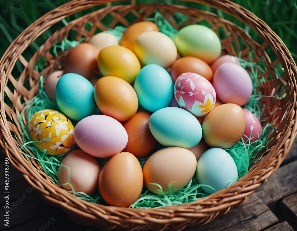 A vibrant basket brims with multi-colored Easter eggs nestled in soft green grass, reflecting a joyful spring atmosphere perfect for family gatherings and celebrations Generative AI A vibrant basket brims with multi-colored Easter eggs nestled in soft green grass, reflecting a joyful spring atmosphere perfect for family gatherings and celebrations Generative AI