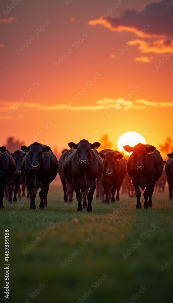 Obraz premium A herd of cattle walks towards the setting sun, creating a tranquil rural scene filled with warm colors and majestic silhouettes.