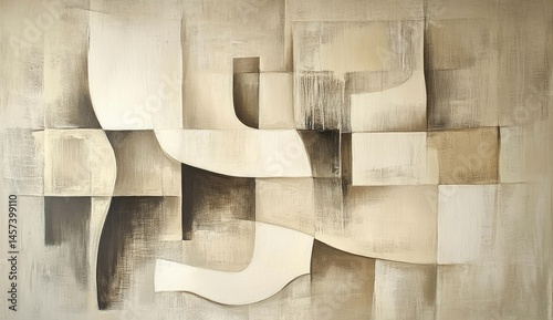 Abstract painting, light beige and off-white shapes and forms, layered and overlapping, creating a sense of depth and movement on a canvas of muted colors