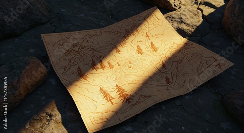 Old treasure map lying on rocks with shadow  