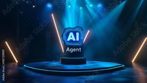 Spotlight concert podium stage display glowing AI agent copilot digital automation assistant chatbot technology machine learning collaboration, trust, and the fusion business partnership concept 