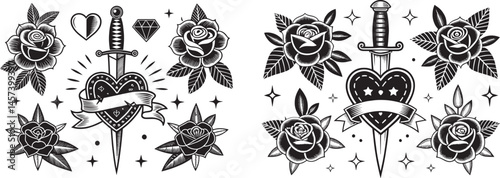 "Tattoo flash vector pack — roses, daggers, hearts with banners, classic Americana style, digital clean lines"

