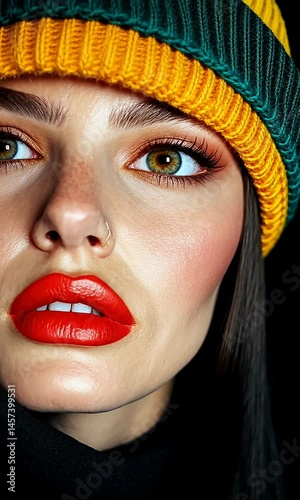 Portrait Close-up of a woman with red lips and a colorful beanie. She has brown eyes and fair skin