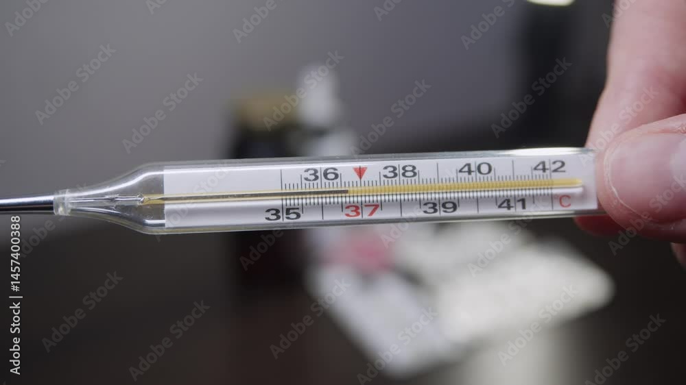 An old mercury thermometer shows the normal temperature of the human body, which indicates the patient's recovery. Close up.