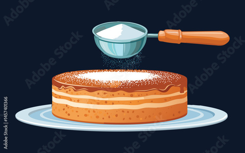 Sifting Sugar onto Cake - Vector Illustration