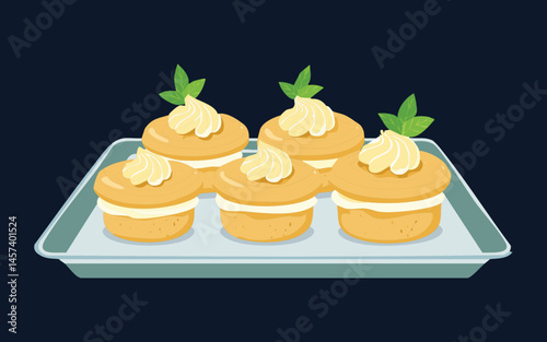 Mini Cupcakes Cream Pastries on Tray - Vector Illustration