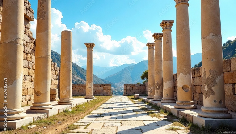 Naklejka premium Ancient ruins, weathered marble columns under clear sky , weathered, greece