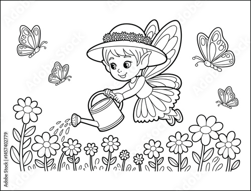 Cute Fairy Watering Flowers Coloring Page with Butterflies