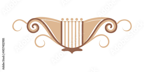Brown classical harp flourish with central musical element