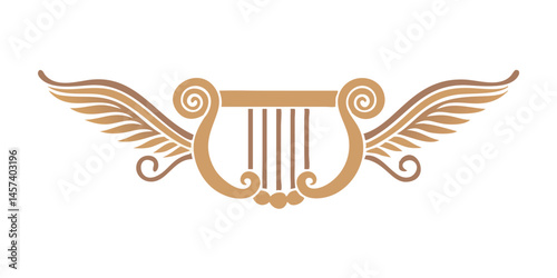 Winged golden lyre ornament with vintage scroll design