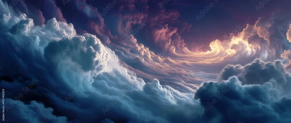 Flying fast through majestic swirl of midnight clouds glowing with pink and blue light, viewed from within the storm as the camera floats gently forward through layers of dramatic cloudscape