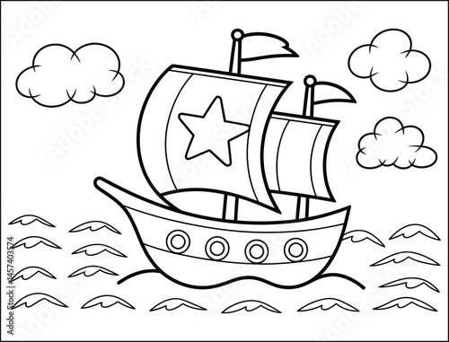 Cute Cartoon Ship Sailing on the Sea Coloring Page