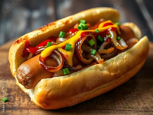Appetizing Hot Dog Topped with Ketchup, Mustard, Onions, and Chives
