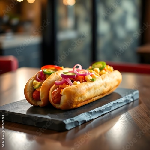 Appetizing Hot Dog Topped with Ketchup, Mustard, Onions, and Chives