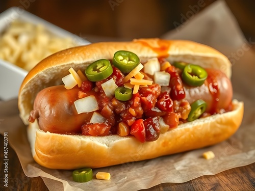 Appetizing Hot Dog Topped with Ketchup, Mustard, Onions, and Chives