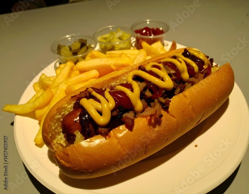 Appetizing Hot Dog Topped with Ketchup, Mustard, Onions, and Chives
