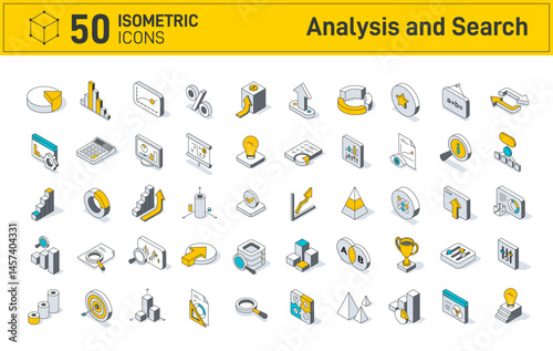 Data analysis and search business icon set. Isometric linear icons, analysis and search to infographics, analytics, and statistics. Icon set includes search, charts, graphs, metrics. Vector collection