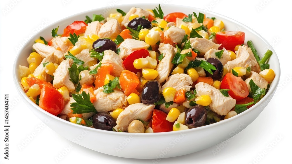 A vibrant chicken salad with fresh ingredients, including tomatoes, corn, olives, carrots, and parsley, served in a white bowl, offering a healthy and balanced meal A vibrant chicken salad with fresh ingredients, including tomatoes, corn, olives, carrots, and parsley, served in a white bowl, offering a healthy and balanced meal