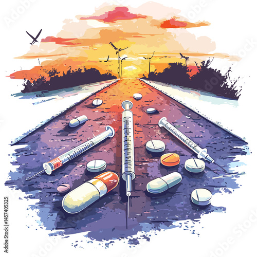 vector drugs syringes on asphalt against sunset on white background .Generative AI