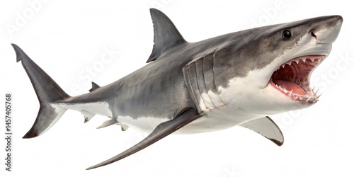 Great white shark with an open mouth full of sharp teeth on a white background