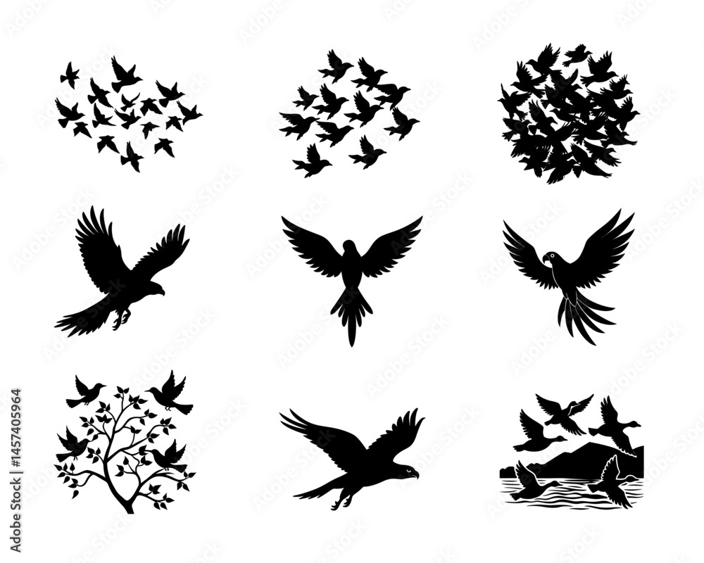 Obraz premium Flying Bird Silhouette Vector Set Isolated on White