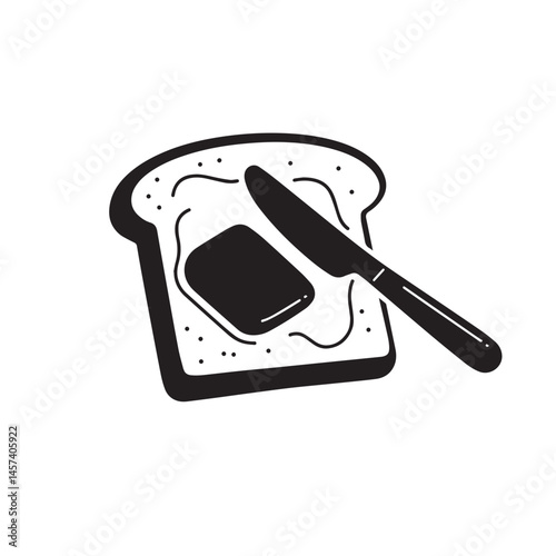 Simple Black and White Illustration of Buttered Toast and Butter Knife