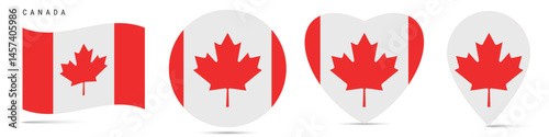 Canada waving flag, circle badge, heart shaped, map pin. Flat vector illustration isolated