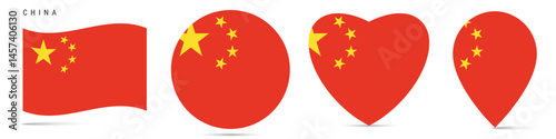 China waving flag, circle badge, heart shaped, map pin. Flat vector illustration isolated