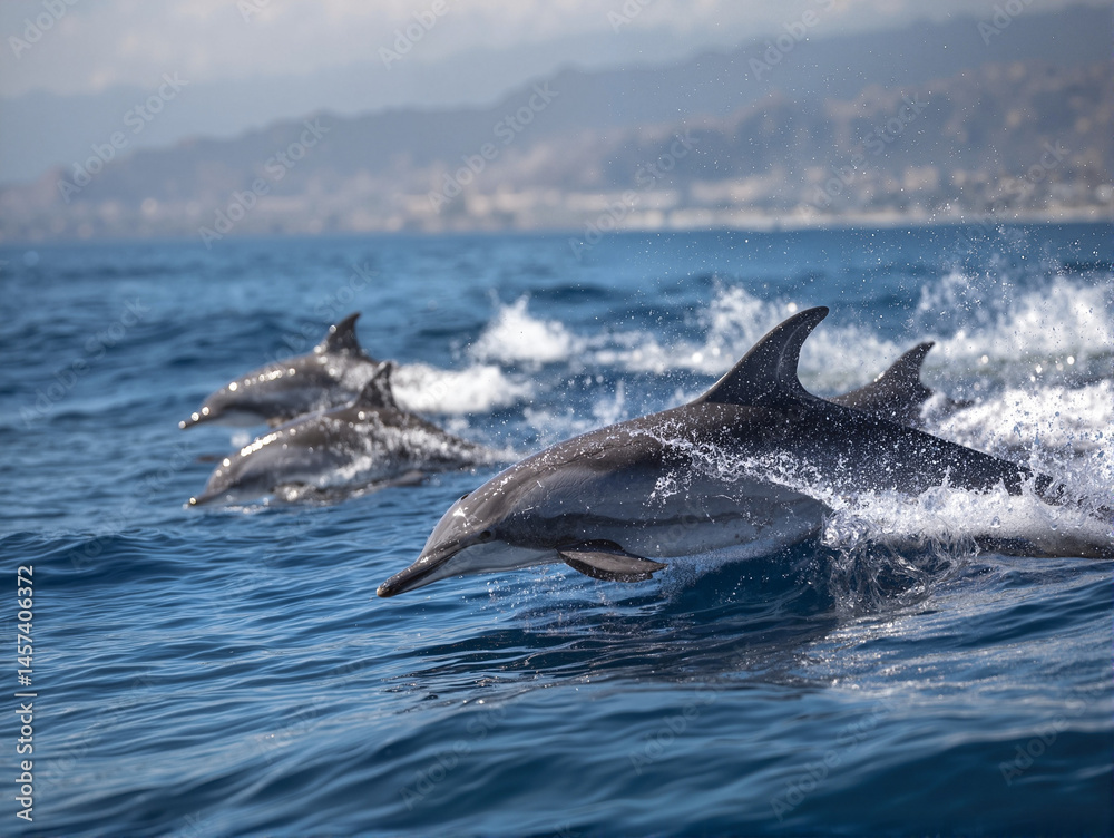 Fototapeta premium Dolphins leaping joyfully through the ocean waves 