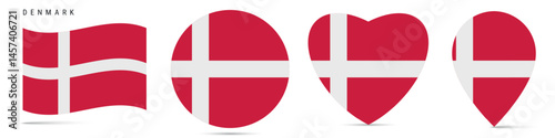 Denmark waving flag, circle badge, heart shaped, map pin. Flat vector illustration isolated