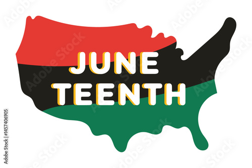 Juneteenth vector banner with map of the United States in Pan-African colors with bold typography, symbolizing the official end of slavery and the celebration of African American freedom, history