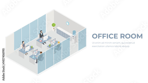 People workplace in office isometric design. Company employees man and woman team work together in comfortable modern cabinet. Business center floor interior inside with furniture. Vector illustration