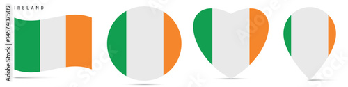 Free Download Ireland waving flag, round circle sticker badge, heart shaped icon, map pin. Irish flag buttons of different shapes. Vector illustration isolated on white. - GFXLoad