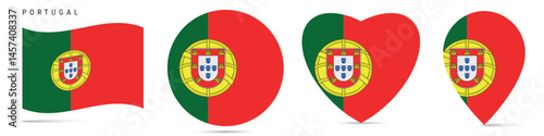 Portugal waving flag, round circle sticker badge, heart shaped icon, map pin. Portuguese flag buttons of different shapes. Vector illustration isolated on white.