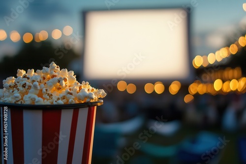 Outdoor Cinema: Freshly popped popcorn ready for a movie night under the stars, glowing lights enhancing the experience.