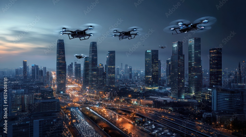 Obraz premium Drones over futuristic city at dusk