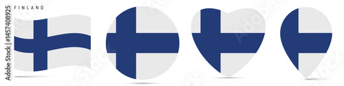 Finland waving flag, circle badge, heart shaped, map pin. Flat vector illustration isolated