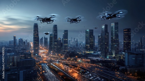 Drones over futuristic city at dusk