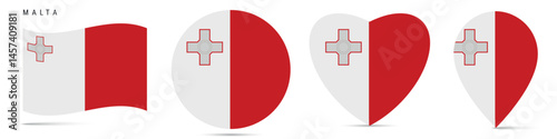 Malta waving flag, circle badge, heart shaped, map pin. Flat vector illustration isolated