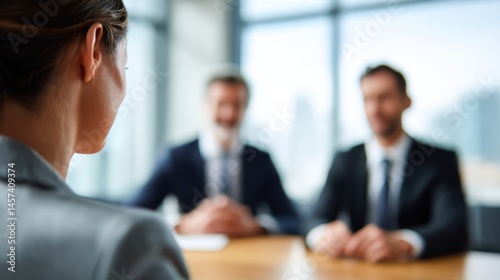 Young hispanic female interviewing with two caucasian male professionals in office setting