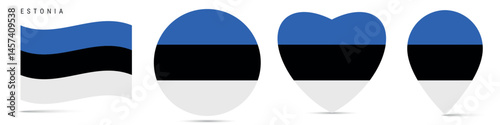 Free Download Estonia waving flag, circle badge, heart shaped, map pin. Flat vector illustration isolated - GFXLoad