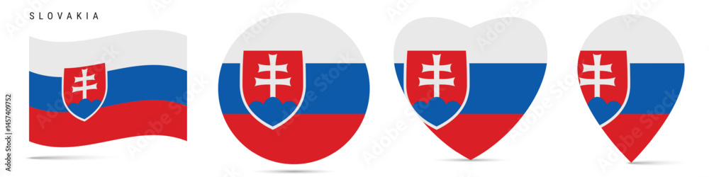 Fototapeta premium Slovakia waving flag, circle badge, heart shaped, map pin. Flat vector illustration isolated