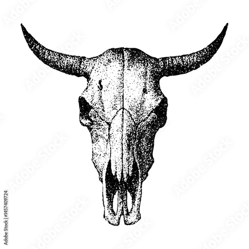 Longhorn cow skull with halftone stipple effect, for grunge punk y2k collage design. Vector illustration in grainy photocopy texture for experimental dotted retro banner design