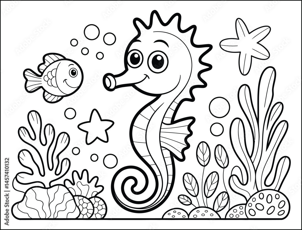 Obraz premium Cute Cartoon Seahorse and Fish Coloring Page Illustration