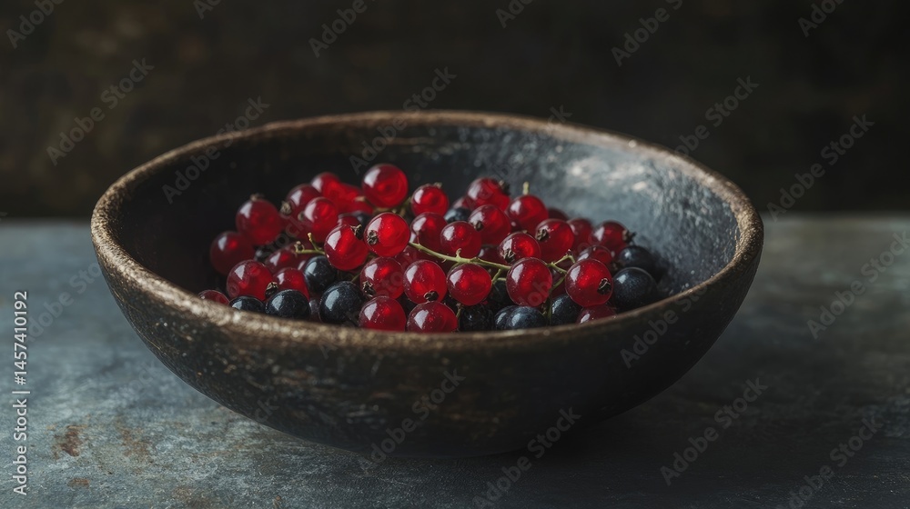 Black and red currant berries placed in a rustic bowl Black and red currant berries placed in a rustic bowl