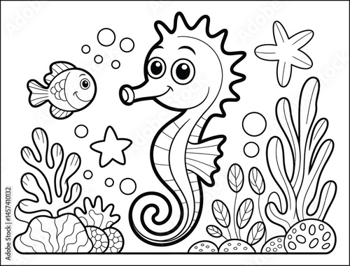 Cute Cartoon Seahorse and Fish Coloring Page Illustration