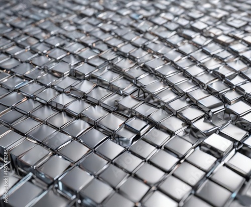 Reflective silver metal, geometric grid pattern , shiny, metal